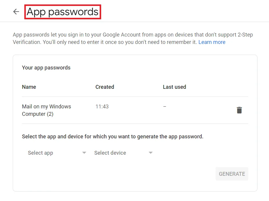 Access App Passwords in new window