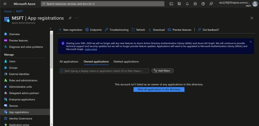 App registrations panel in Azure