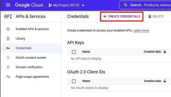 Create new client credentials button