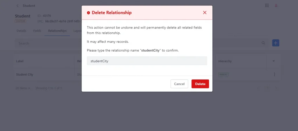 Deleting a relationship in a object