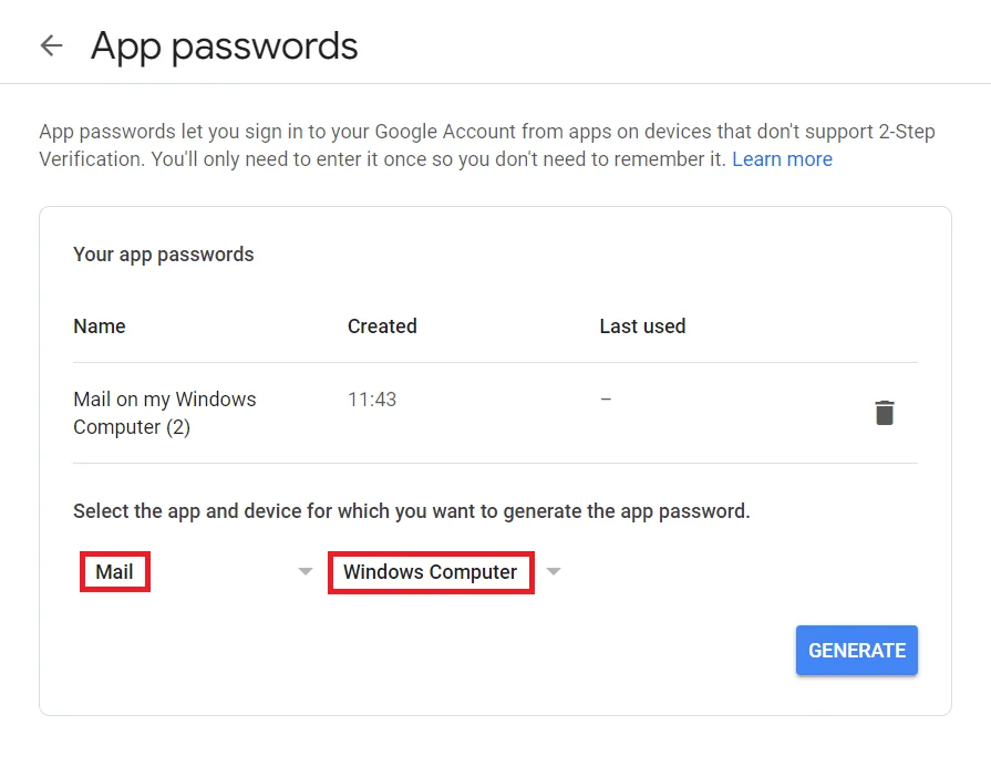 Generate Mail app password for Windows