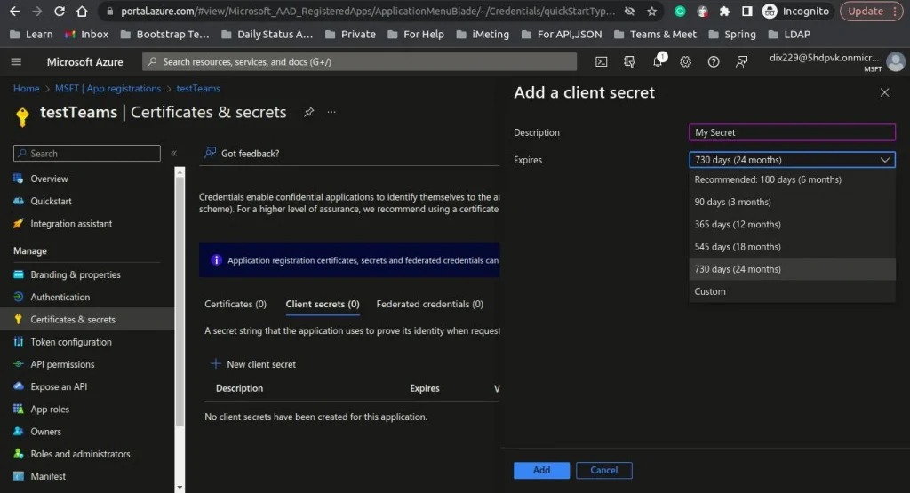 Generate client secret via new button