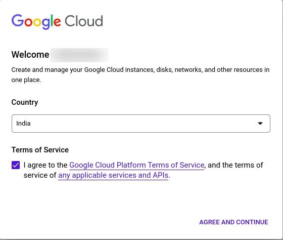 Google Cloud terms and service screen