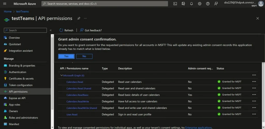 Grant MSFT admin consent