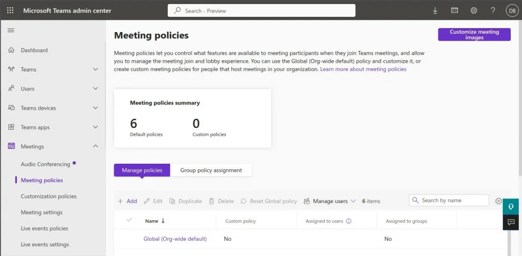 Manage Meeting Policies screen