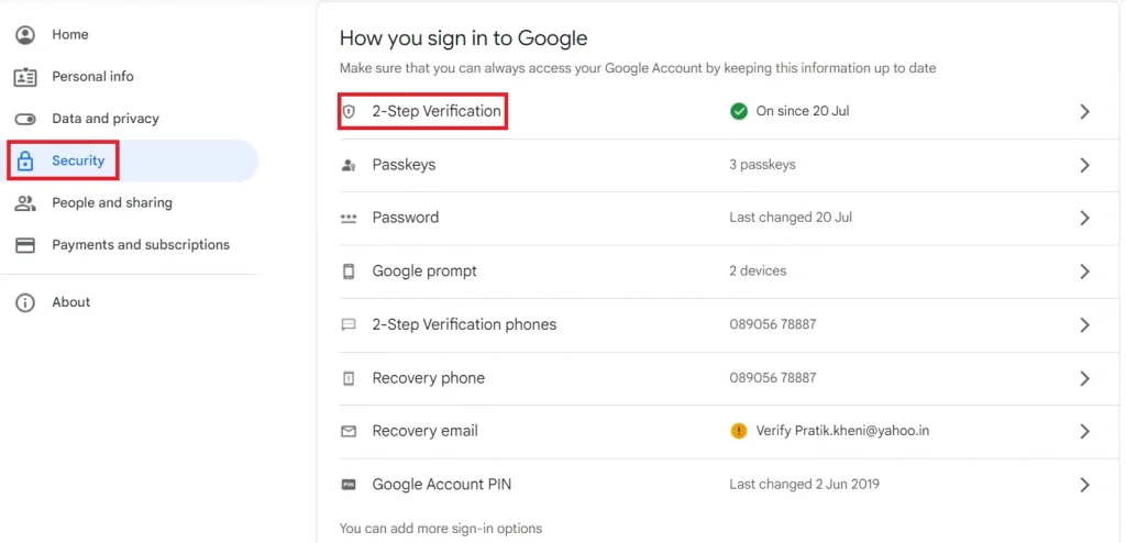 Navigate to Google account 2FA