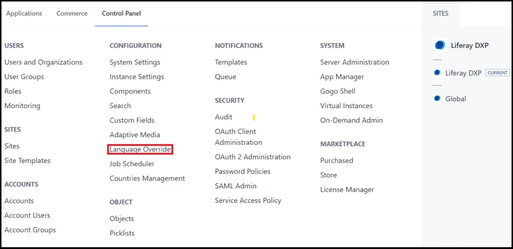 Navigate to language Override in control panel