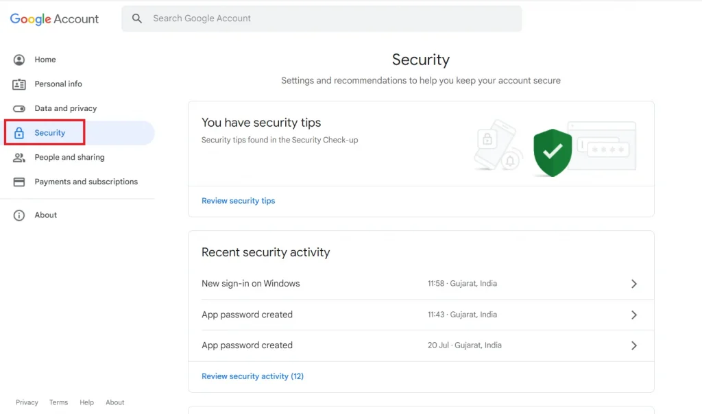 Security tab in Google Account