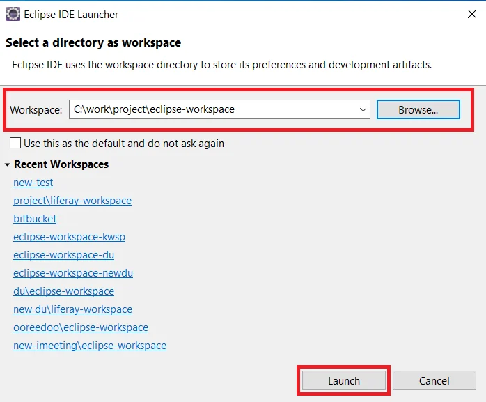 Step to select Eclipse workspace