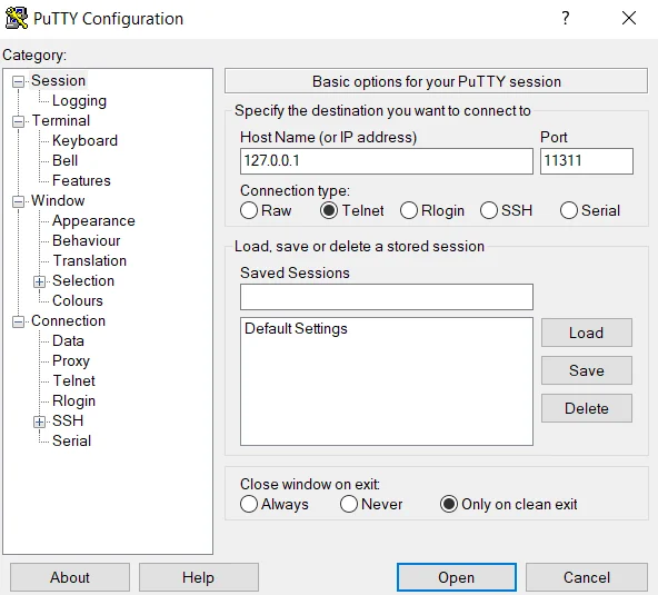 Useing PuTTY for Telnet connections
