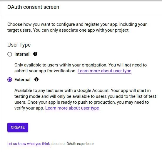User type of OAuth constant screen