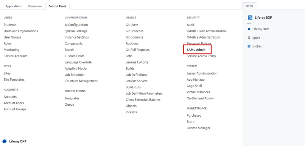 Navigate to SAML Admin | Configure SAML in Liferay DXP Navigate-to-SAML-Admin
